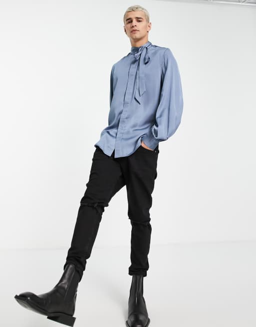 ASOS DESIGN satin shirt with tie neck and blouson volume sleeve in blue, 4 of 4