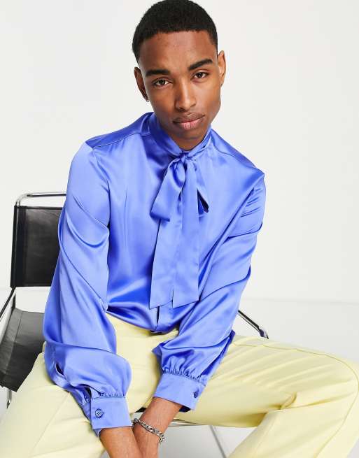 ASOS DESIGN satin shirt with tie neck and blouson volume sleeve in blue