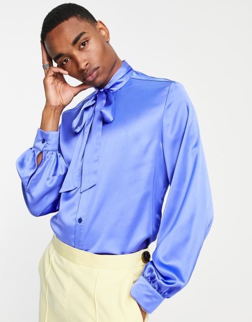ASOS DESIGN satin shirt with tie neck and blouson volume sleeve in blue , 3 of 4