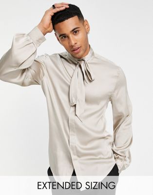 ASOS DESIGN satin shirt with tie neck and blouson volume sleeve in champagne