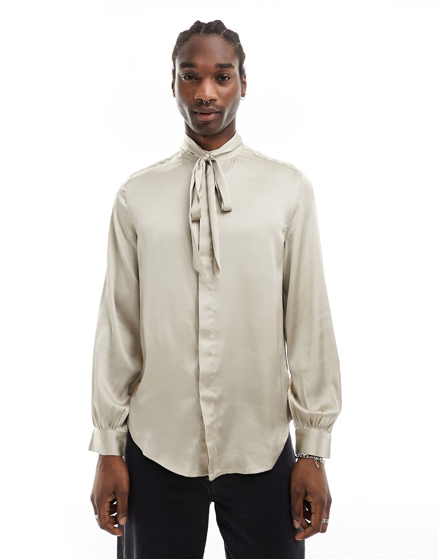 Asos Design Satin Shirt With Tie Neck And Blouson Volume Sleeve In Champagne-neutral