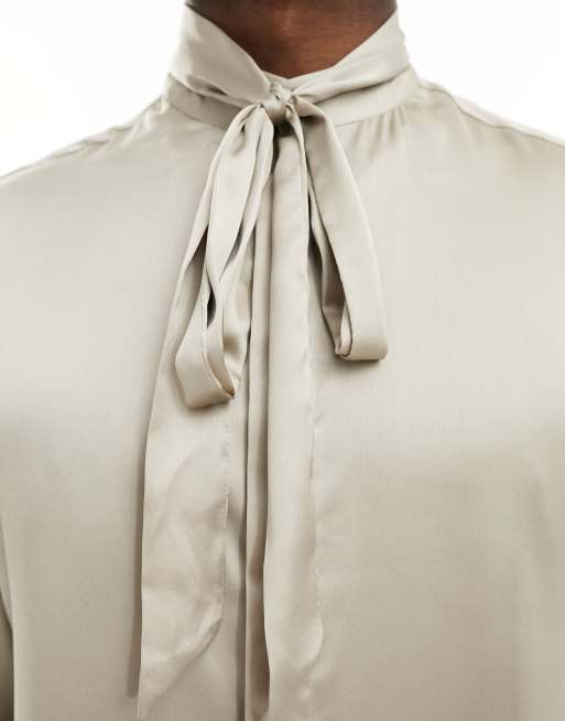 ASOS DESIGN satin shirt with tie neck and blouson volume sleeve in champagne ASOS