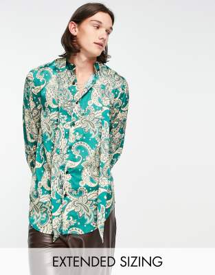 Asos Design Satin Shirt With Tie Neck And Blouson Volume Sleeve In Green Paisley - Dgreen