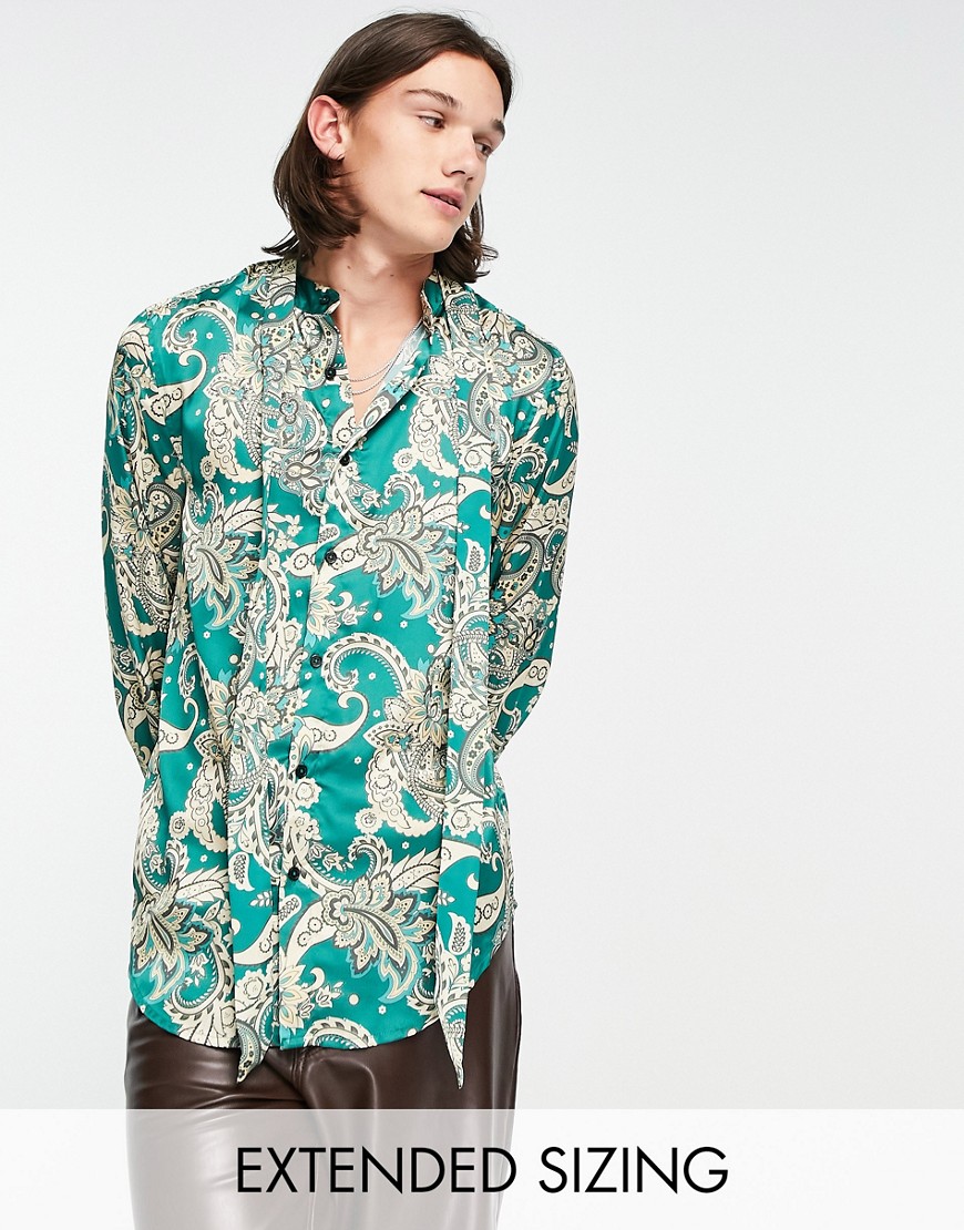 ASOS DESIGN satin shirt with tie neck and blouson volume sleeve in green paisley - DGREEN