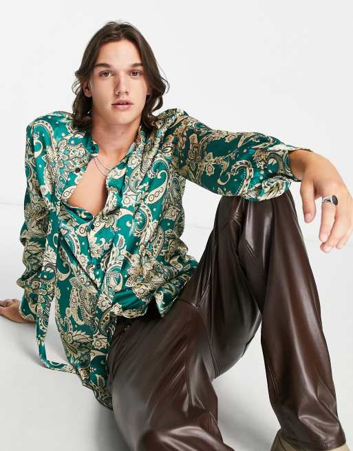 ASOS DESIGN satin shirt with tie neck and blouson volume sleeve in green paisley - DGREEN