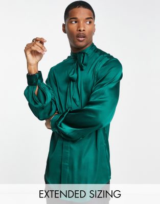 ASOS DESIGN satin shirt with tie neck and blouson volume sleeve in jewel  green