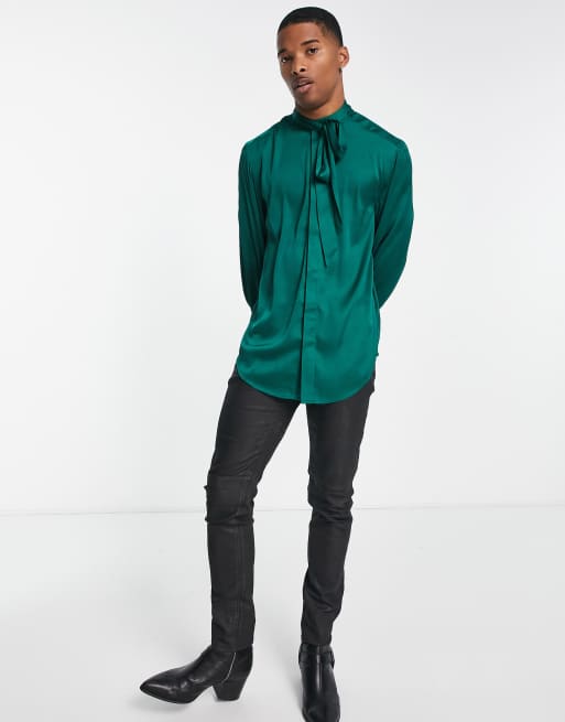 ASOS DESIGN satin shirt with tie neck and blouson volume sleeve in jewel  green