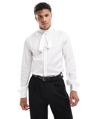 Asos Design Satin Shirt With Tie Neck And Blouson Volume Sleeve In White