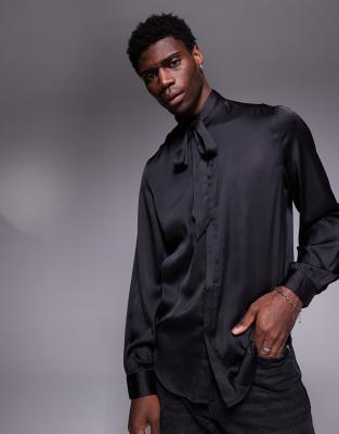 ASOS DESIGN satin shirt with tie neck and blouson volume sleeve-Black