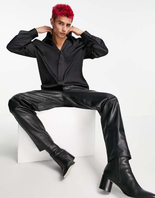 ASOS DESIGN satin shirt with volume blouson sleeve in black, 3 of 4
