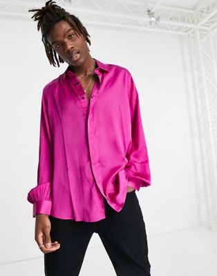 ASOS DESIGN satin shirt with volume blouson sleeve in bright pink