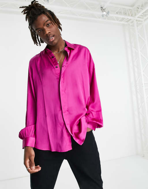 ASOS DESIGN satin shirt with volume blouson sleeves in bright pink