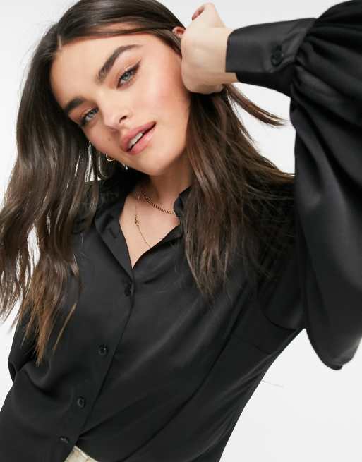 ASOS DESIGN satin shirt with volume sleeve in black