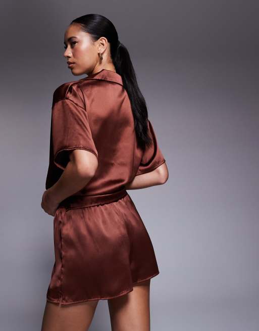 ASOS DESIGN satin short co-ord in brown, 2 of 5