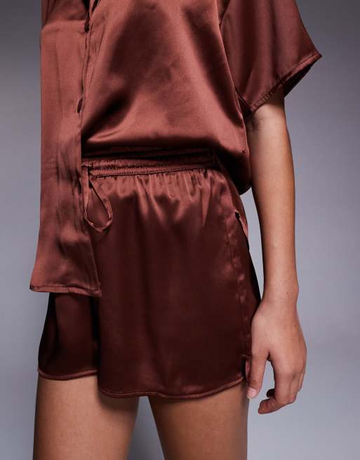 ASOS DESIGN satin short co-ord in brown, 3 of 5