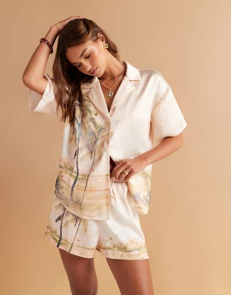 ASOS DESIGN satin short sleeve co-ord shirt in scenic print - view 1