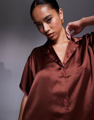 Asos Design Satin Short Sleeve Shirt In Brown
