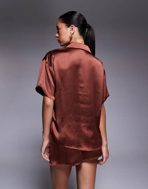 ASOS DESIGN satin short sleeve shirt in brown - part of a set, 4 of 4