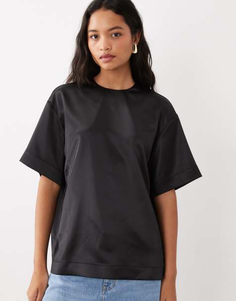 ASOS DESIGN satin short sleeve top in black - view 1