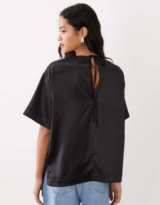 ASOS DESIGN satin short sleeve top in black, 4 of 4