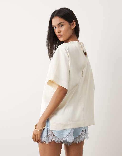 ASOS DESIGN satin short sleeve top in ivory, 4 of 4