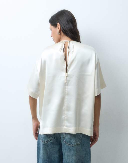 ASOS DESIGN satin short sleeve top in ivory, 5 of 5