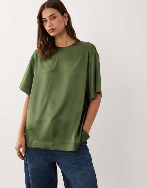 ASOS DESIGN satin short sleeve top in khaki green - view 1