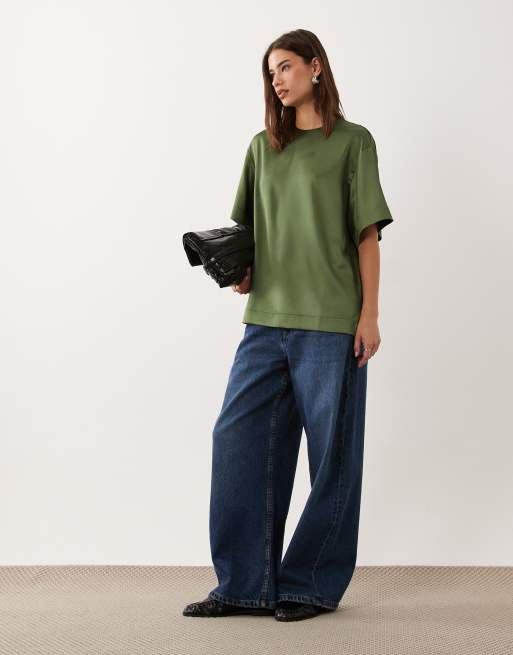 ASOS DESIGN satin short sleeve top in khaki, 2 of 4