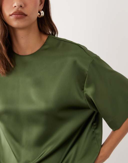 ASOS DESIGN satin short sleeve top in khaki, 3 of 4