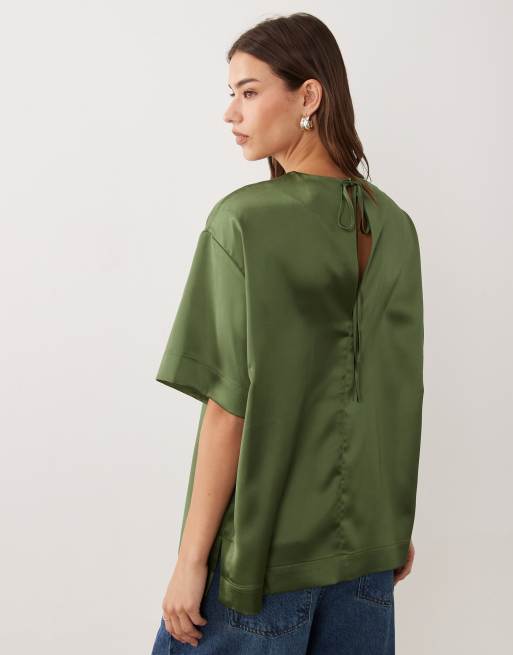 ASOS DESIGN satin short sleeve top in khaki, 4 of 4