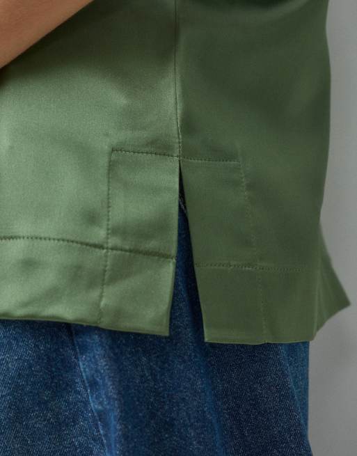 ASOS DESIGN satin short sleeve top in khaki, 5 of 5