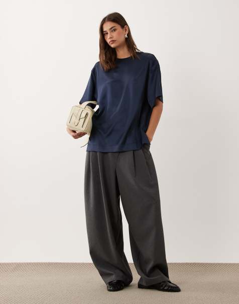 ASOS DESIGN satin short sleeve top in navy - view 1