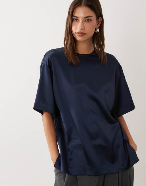 ASOS DESIGN satin short sleeve top in navy, 2 of 4