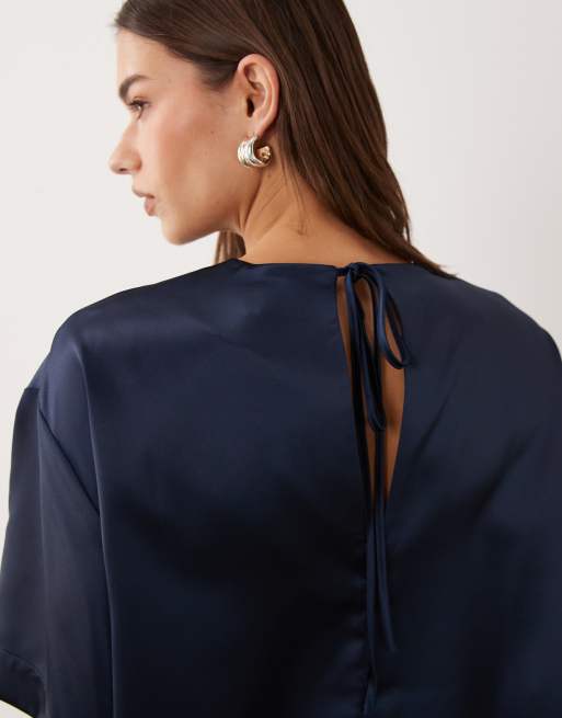 ASOS DESIGN satin short sleeve top in navy, 3 of 4