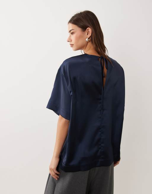 ASOS DESIGN satin short sleeve top in navy, 4 of 4