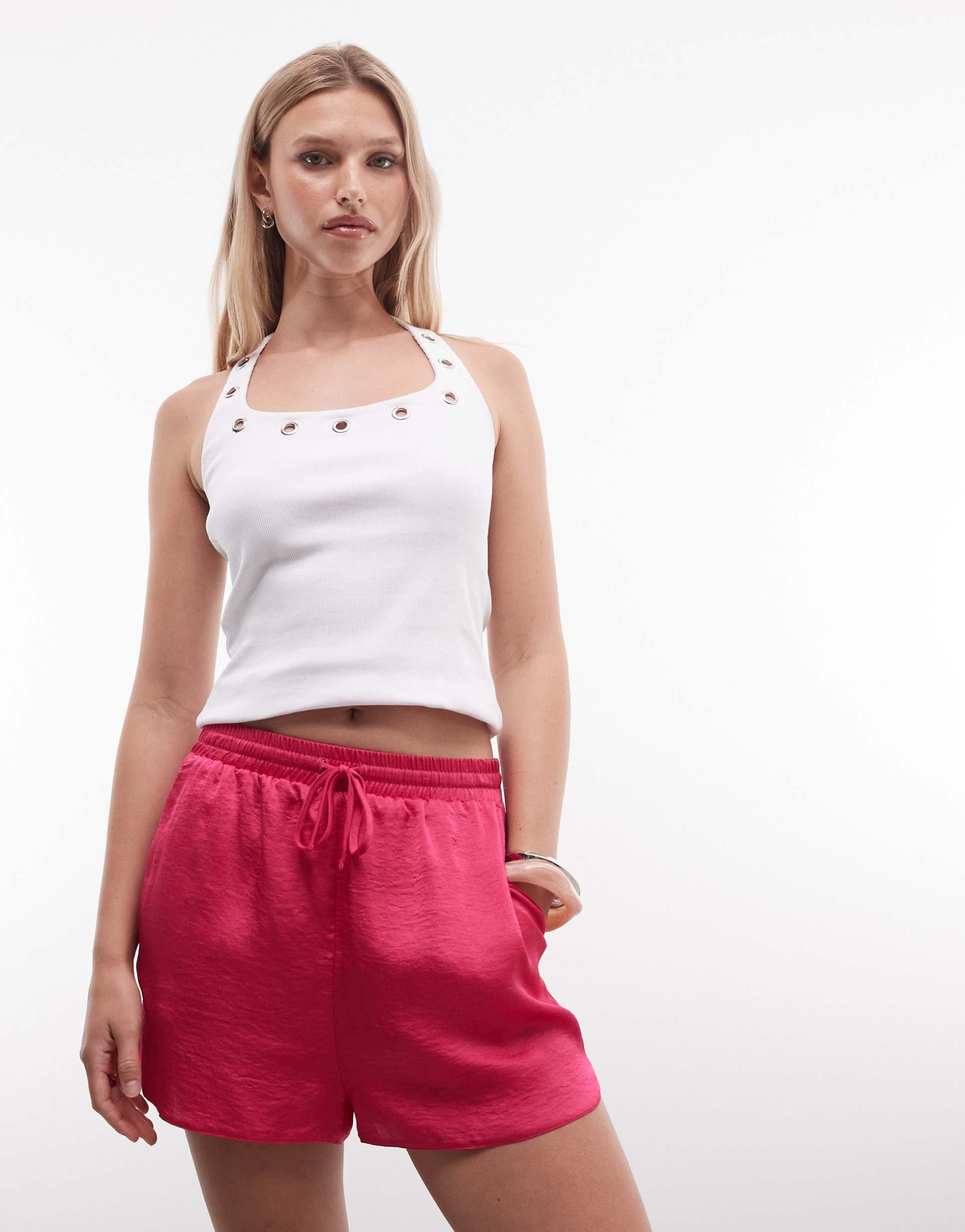 asos design satin shorts in hot pink