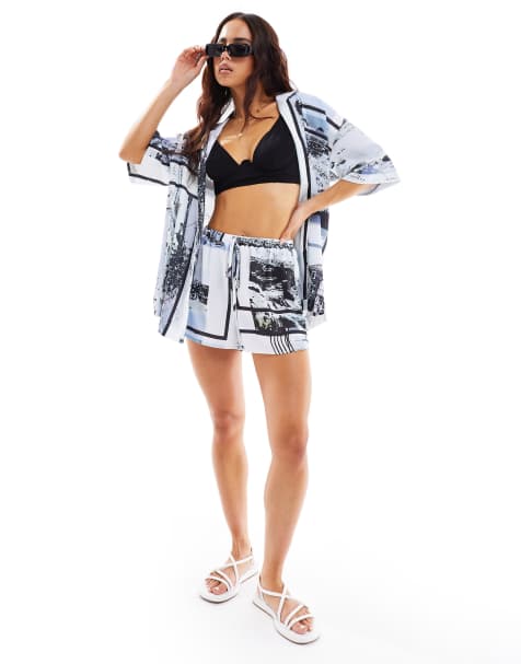 ASOS DESIGN satin shorts in newspaper print (part of a set) - view 1