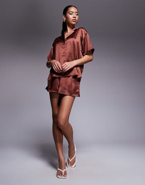 ASOS DESIGN satin shorts set in brown - view 1
