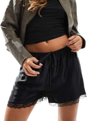 Asos Design Satin Shorts With Lace Trim In Black - Part Of A Set