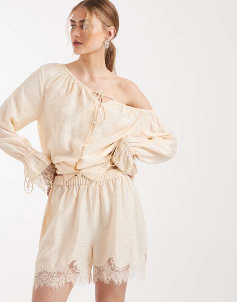 ASOS DESIGN satin shorts with lace trim in champagne - part of a set - view 1