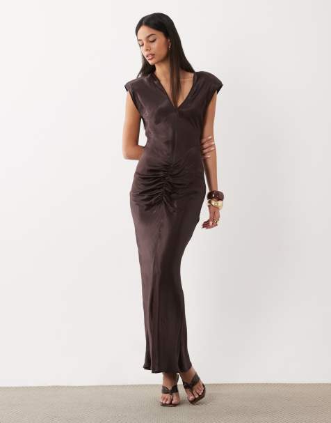 ASOS DESIGN satin shoulder pad maxi dress in chocolate - view 1