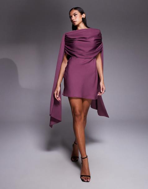 ASOS DESIGN satin shoulder pad mini dress with ruched bodice overlay and side sash details in grape - view 1