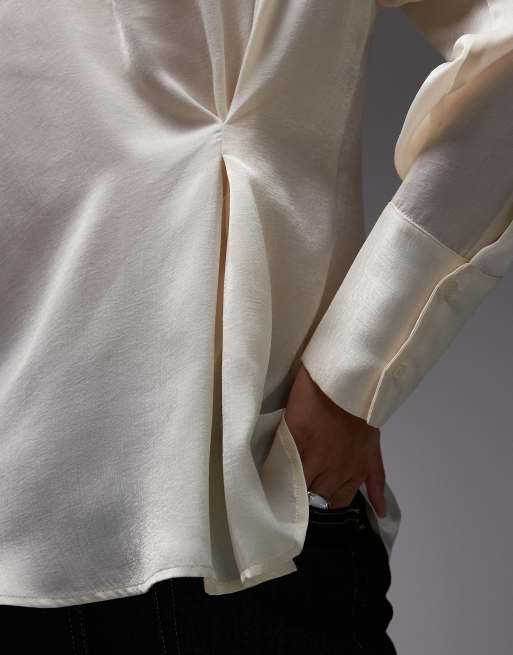 ASOS DESIGN satin shoulder pad shirt with tie in ivory, 3 of 4