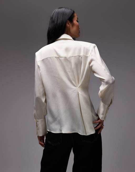 ASOS DESIGN satin shoulder pad shirt with tie in ivory, 4 of 4