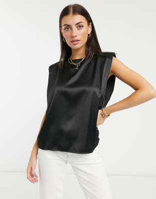 ASOS DESIGN satin shoulder pad tee in black