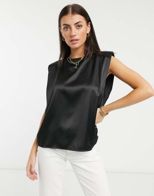 ASOS DESIGN satin shoulder pad tee in black ASOS