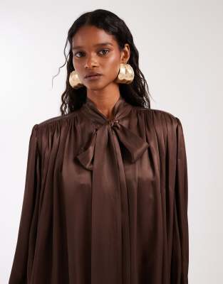Asos Design Satin Shoulder Pad Volume Gathered Blouse In Brown