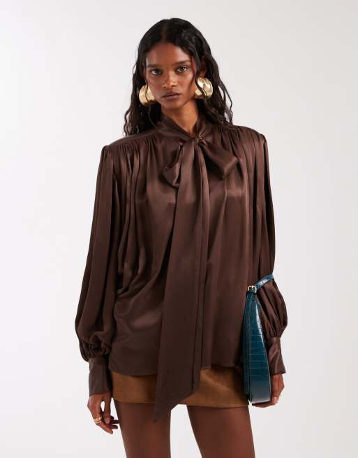 ASOS DESIGN satin shoulder pad volume gathered blouse in chocolate