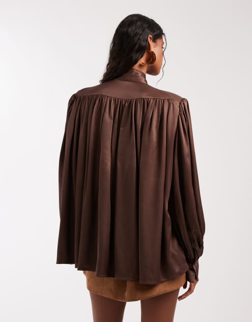 ASOS DESIGN satin shoulder pad volume gathered blouse in chocolate