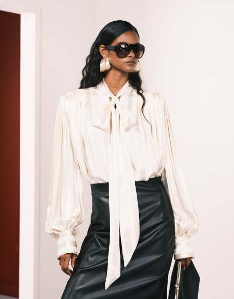 ASOS DESIGN satin shoulder pad volume gathered blouse in ecru stripe - view 1